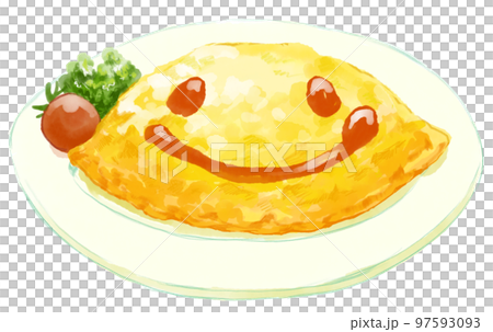 Watercolor illustration of plump and delicious omelet rice with smiling ketchup 97593093