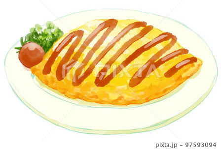 ジグザグに太いケチャップのかかったふっくらしたおいしそうなオムライスの水彩イラスト 97593094