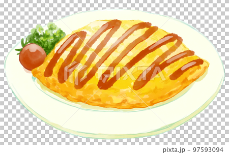 ジグザグに太いケチャップのかかったふっくらしたおいしそうなオムライスの水彩イラスト 97593094