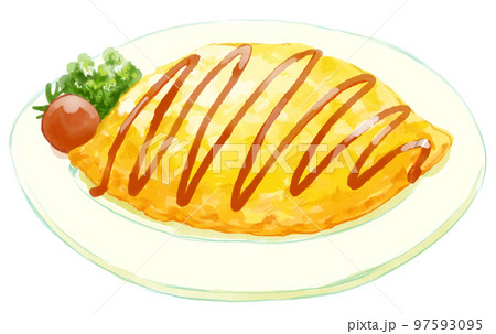 ジグザグに細いケチャップのかかったふっくらしたおいしそうなオムライスの水彩イラスト 97593095