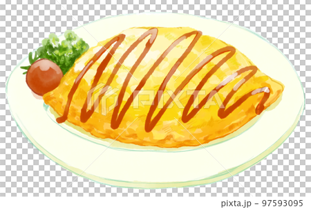ジグザグに細いケチャップのかかったふっくらしたおいしそうなオムライスの水彩イラスト 97593095