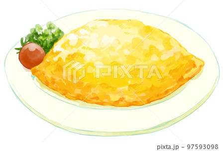 ふっくらしたおいしそうなオムライスの水彩イラスト 97593098