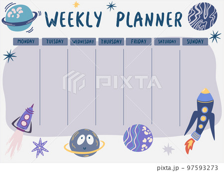 Weekly planner space. Planner with spaceships and planets. Template for sticky notes, planners, check lists, journal and other stationery. Elementary school student. Vector illustration. 97593273