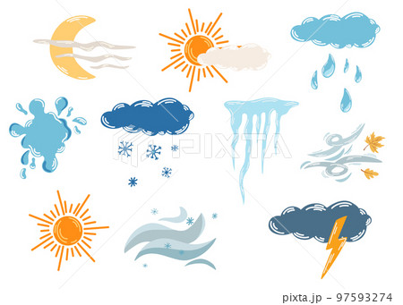 Weather set. Cute hand drawn sun and clouds, rain or snow, lightning, moon, thunderstorm, storm and wind. Symbols of forecast weather. Meteorological infographics signs. Vector illustration 97593274