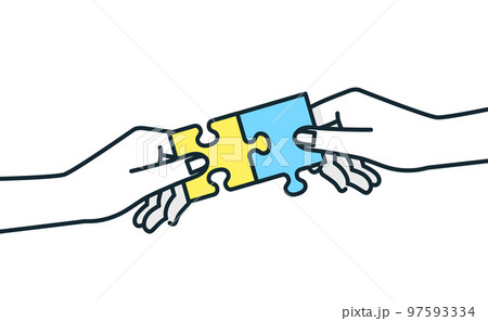 はまるパズルのピース。共に問題に取り組み、解決するイメージのイラスト。 はまるパズルのピース。共に問題に取り組み、解決するイメージのイラスト。 97593334
