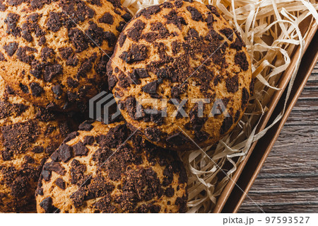 Homemade cookies. Box of oatmeal cookies. Cookies with chocolate chips 97593527