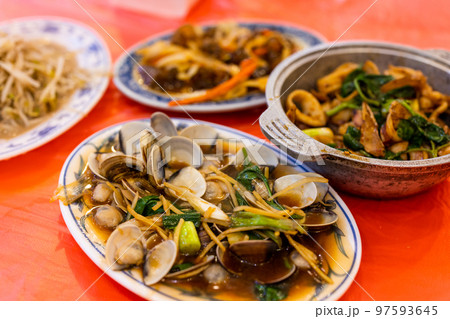 Taiwanese local cuisine with different dishes in seafood store Taiwanese local cuisine with different dishes in seafood store 97593645