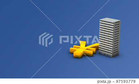 マンションのミニチュアと大きな円記号。不動産の購入資金計画と借入の暗喩。 マンションのミニチュアと大きな円記号。不動産の購入資金計画と借入の暗喩。 97593779