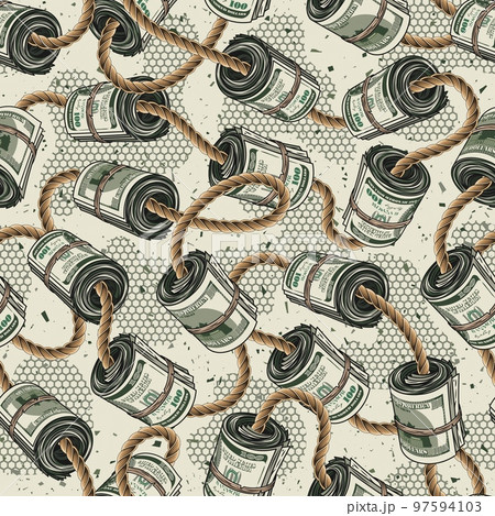 Money seamless pattern with rolls of 100 dollars bills bounded by jute rope on white textured background with hexagonal net, small abstract particles like dust. Detailed vintage vector illustration 97594103
