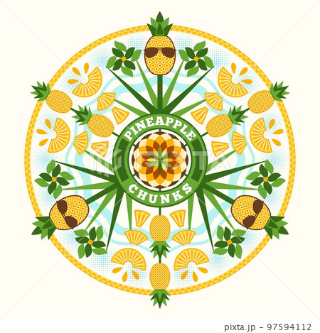 Round ornament with pineapple plant, chunk, halftone shapes in simple geometric style. Good for decoration of food packaging, cover design, decorative print, background Round ornament with pineapple plant, chunk, halftone shapes in simple geometric style. Good for decoration of food packaging, cover design, decorative print, background 97594112