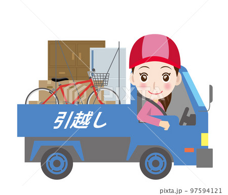 働く車 引越し引っ越し作業のトラックのイラスト 可愛いデフォルメ女性ドライバー運送のイラスト素材 働く車 引越し引っ越し作業のトラックのイラスト 可愛いデフォルメ女性ドライバー運送のイラスト素材