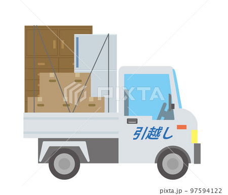 働く車、引越し引っ越し作業の軽自動車、トラックのイラスト　可愛いデフォルメ運送 97594122