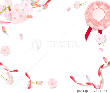 薄いピンク色のかわいい桜と折り紙の輪っか飾りとメダルリボンー白バックフレーム背景素材 97594264