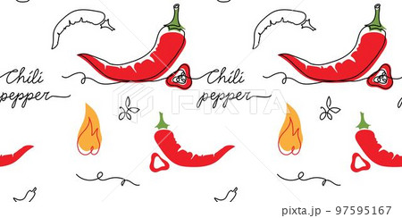 Chili pepper, red hot pepper seamless pattern. One continuous line art drawing design of chili pepper pattern 97595167