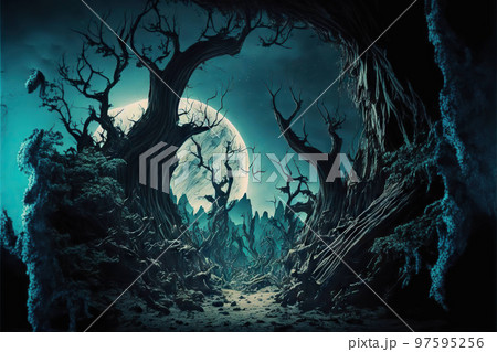 Illuminated alien dark forest, halloween Illuminated alien dark forest, halloween 97595256