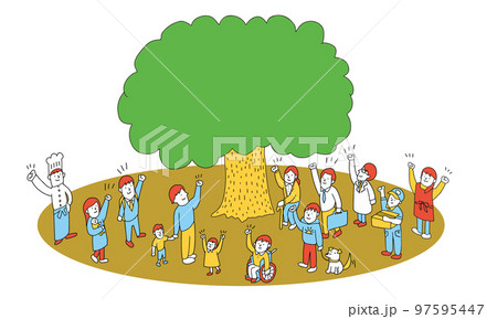 大木の下に集まる多様な人々　ビジョナリーな社会のイメージイラスト 97595447