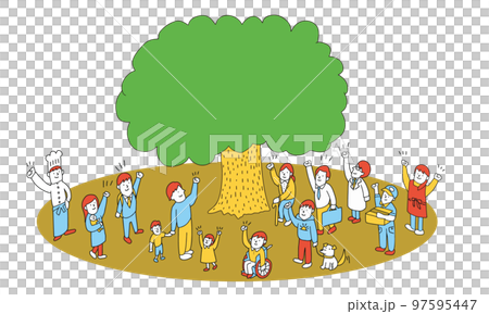 大木の下に集まる多様な人々　ビジョナリーな社会のイメージイラスト 97595447