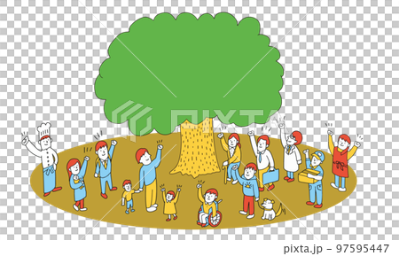 大木の下に集まる多様な人々　ビジョナリーな社会のイメージイラスト 97595447