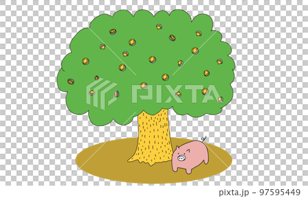 金のなる木　木陰で休む豚の貯金箱のイラスト 97595449