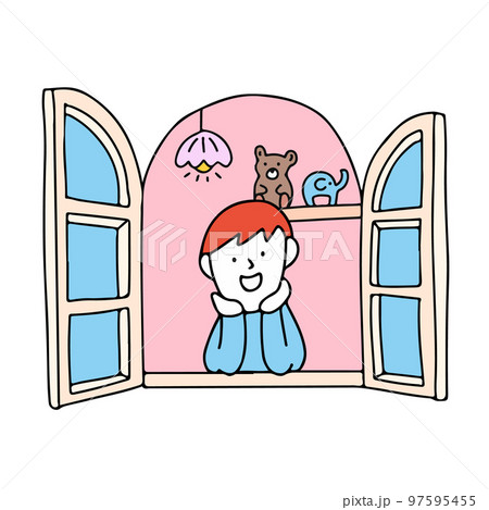 窓を開けて笑っている子供のイラスト 97595455