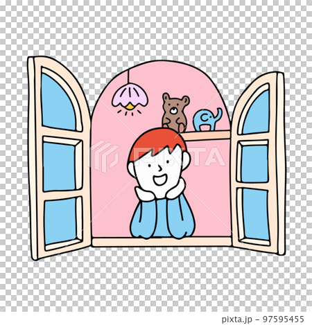 窓を開けて笑っている子供のイラスト 97595455