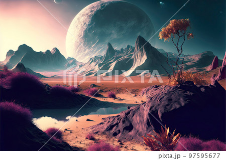 Desert planet with alien objects in the sky 97595677