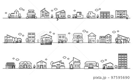建物アイコンの街並みイラストセット（線） 97595690