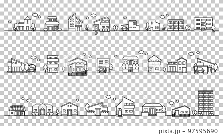建物アイコンの街並みイラストセット（線） 97595690