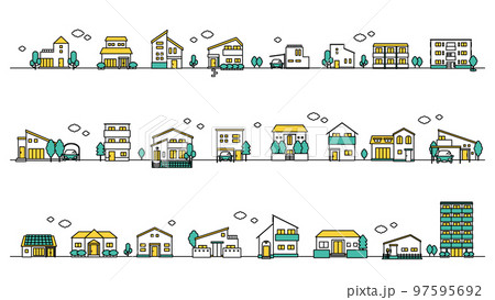 建物アイコンの街並みイラストセット(シンプルカラー) 建物アイコンの街並みイラストセット(シンプルカラー) 97595692