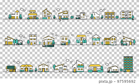 建物アイコンの街並みイラストセット(シンプルカラー) 建物アイコンの街並みイラストセット(シンプルカラー) 97595692