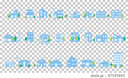 建物アイコンの街並みイラストセット(フラット) 建物アイコンの街並みイラストセット(フラット) 97595693