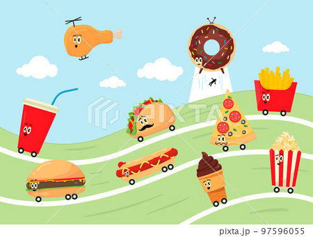 Fast Food Set. Vector collection of fast food icons with wheels in cartoon style. 97596055