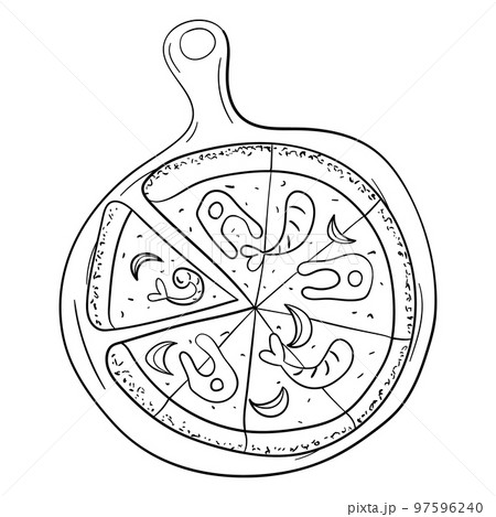 pizza with seafood on a round board line art vector 97596240
