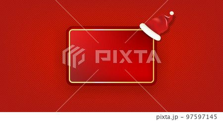 Blank red christmas banner with button and santa hat isolated on red background. Vector horizontal Christmas greeting card, poster and label design template. Christmas social media post template 97597145