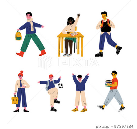 Teen Boy and Girl Going to School and Having Lesson Vector Set 97597234