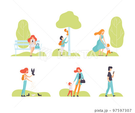 People Characters Resting in Park Having Weekend Vector Set. 97597307