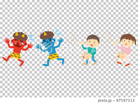 Illustration of a kid who throws beans on Setsubun and a demon running away 97597313