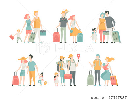 Family Travelling with Kids Pulling Suitcase Holding Child by Hand Vector Set 97597387