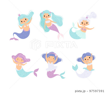 Cute Mermaid with Waving Hair Floating Underwater Vector Set 97597391