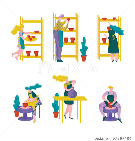 Pottery Workshop with Man and Woman Ceramist Forming Vessel of Clay and Ceramic Material Vector Set 97597404