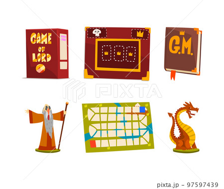 Game of Lord with Game Box, Fantasy Guide Book, Dragon and Wizard Figure as Fantasy Magic Board Game Elements Vector Set 97597439