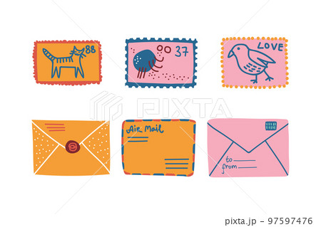 Postal Symbol with Closed Letter and Postage Stamp or Mark Vector Set. Postal Symbol with Closed Letter and Postage Stamp or Mark Vector Set. 97597476