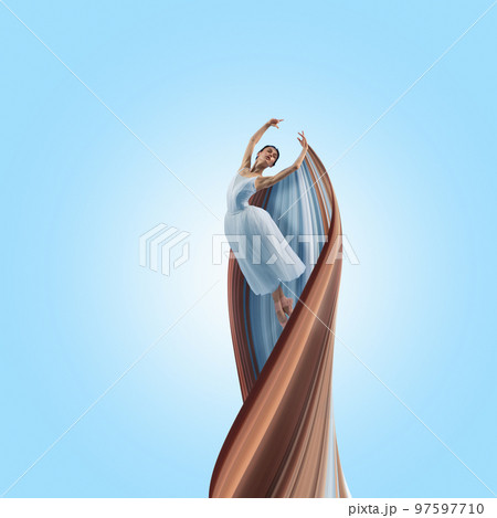 Modern design. Contemporary art. Tender young ballerina performing over blue background with impressive design element Modern design. Contemporary art. Tender young ballerina performing over blue background with impressive design element 97597710