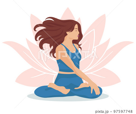 Girl in a yoga pose on the background of a lotus, meditation. Lifestyle concept. Illustration, vector 97597748