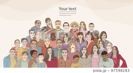 Banner - cover or poster copy space with group of volunteer multicultural people - editable template.  Nonprofits association. Charity and solidarity donation concepts.Community. NGO. Aid 97598283