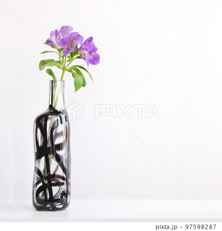 Purple alstroemeria in glass vase on white table Purple alstroemeria in glass vase on white table 97598287