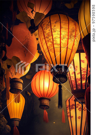Closeup of chinese paper lantern with lights surrounded Closeup of chinese paper lantern with lights surrounded 97598598