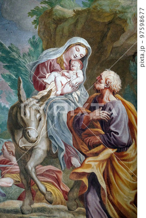 Flight to Egypt, fresco in the St Nicholas Cathedral in Ljubljana, Slovenia Flight to Egypt, fresco in the St Nicholas Cathedral in Ljubljana, Slovenia 97598677