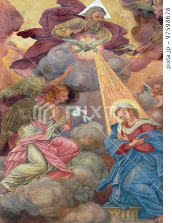 Annunciation of the Virgin Mary fresco on the facade of St Nicholas Cathedral in Ljubljana, Slovenia 97598678