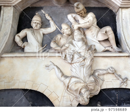 St. John Nepomuk on the facade of the church of St. Florian in Ljubljana, Slovenia 97598689